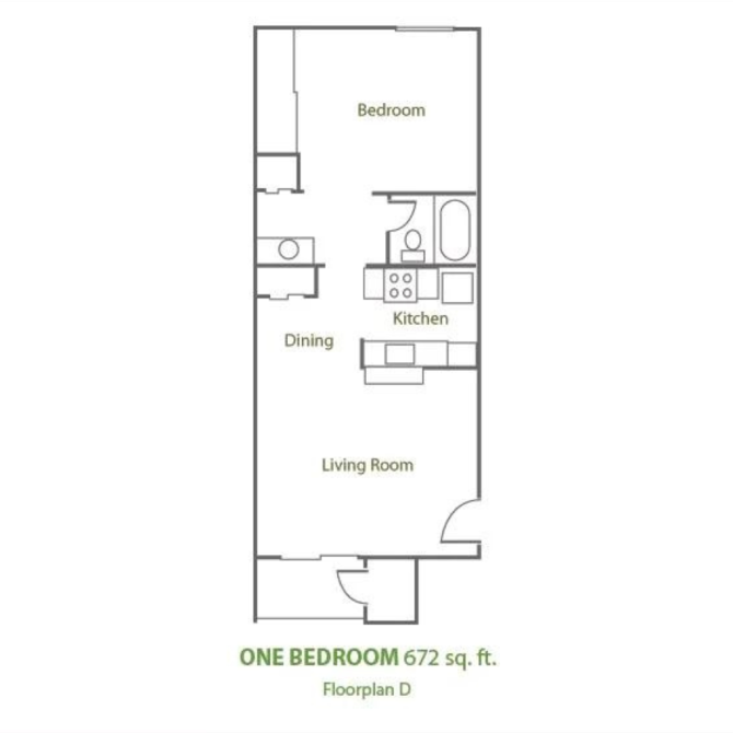 Floor plan for 1 bed, 1 bath, 688 sqft
